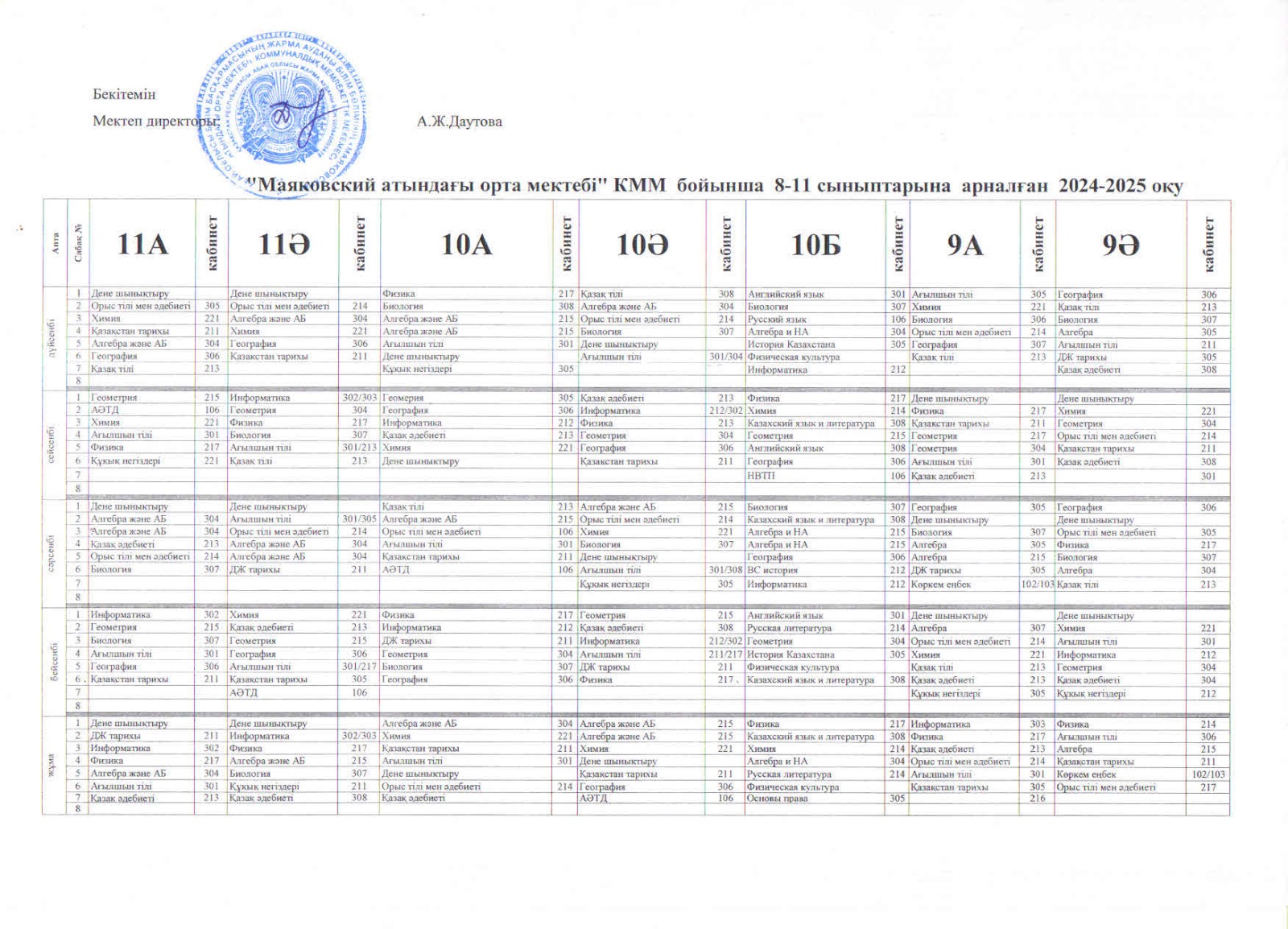 2024-2025 оқу жылының сабақ кестесі 2-жартыжылдык