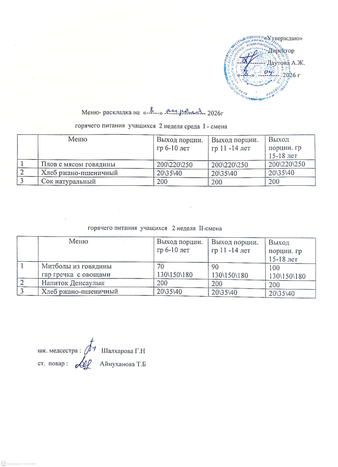 Мәзір/Меню